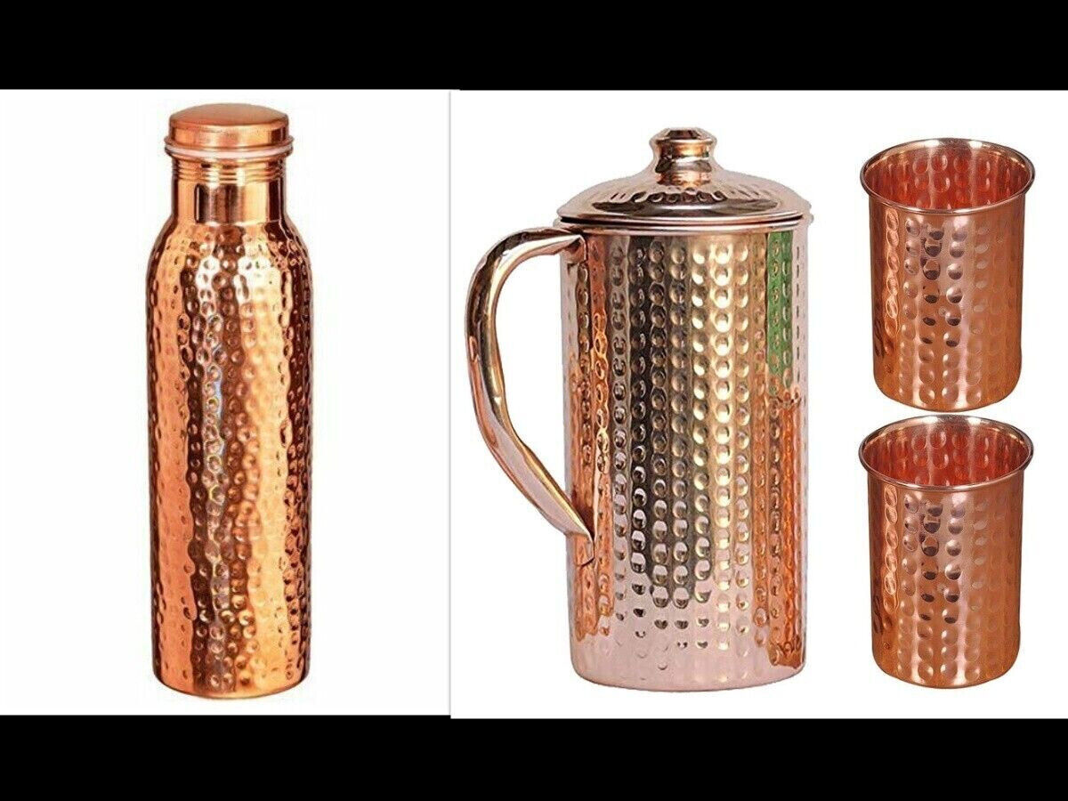 Bouteille D’eau En Cuivre Pur 100% – Capacité 950 Ml – Faite à La Main En Inde – Bénéfices Santé Présumés