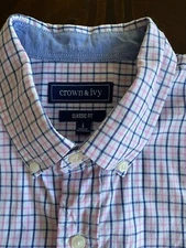 Crown & Ivy Classic Fit Men L Large Button Down Shirt Pink Blue White Cotton EUC