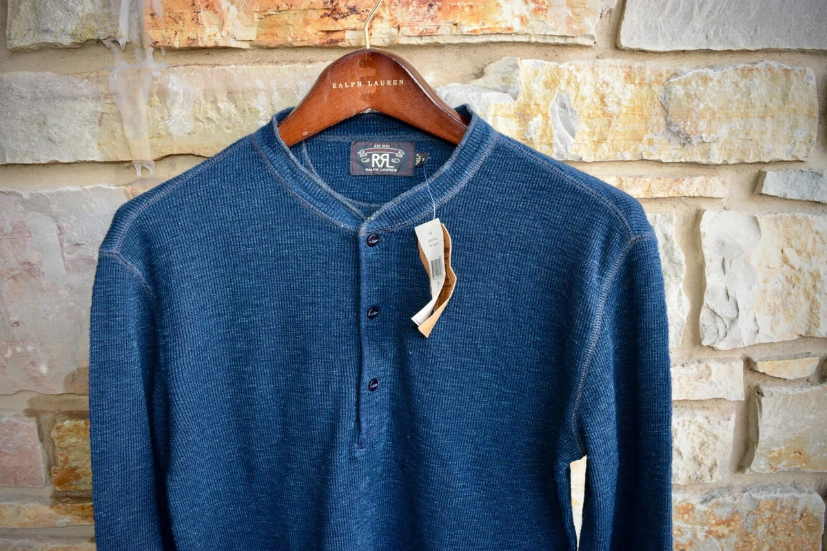 New RRL Ralph Lauren Blue Indigo Solid Henley Knit Cotton Size