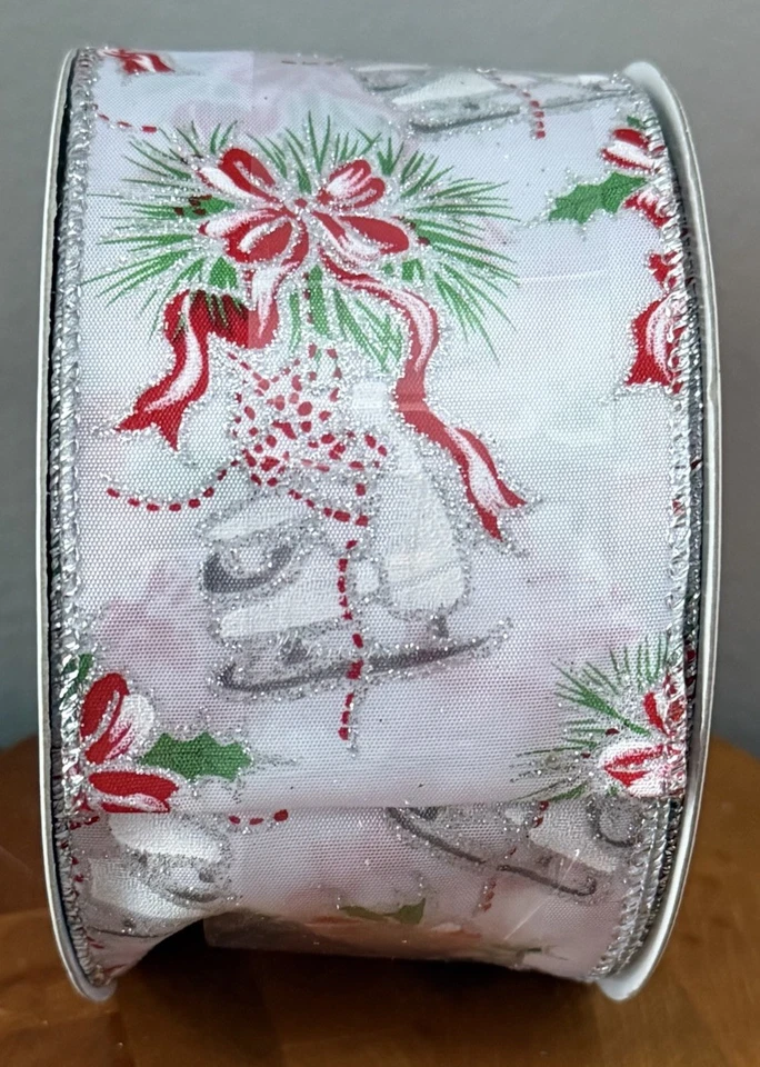 VTG Celebrate It HOLIDAY Wired Christmas Ribbon Red & Silver Glitter Ice Skates - Image 4 of 4