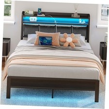 Bed Frame Size with Charging Station and LED Lights, PU Full Black No Drawer