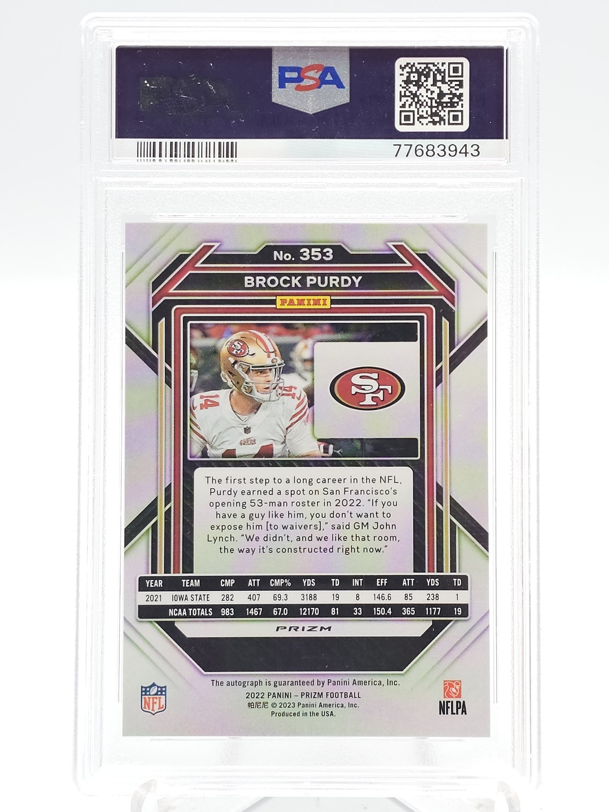 BROCK PURDY 2022 PRIZM ROOKIE NO HUDDLE AUTO #353 49ERS PSA 9 MINT Q3263 view 2