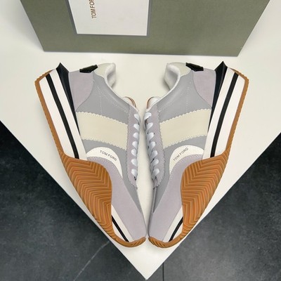 Tom Ford Grey Cream Suede Leather Retro Platform Men's Sneakers Casual Shoes