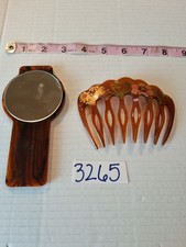 Vintage Faux Tortoise/Plastic Hair Comb Hand Painted W/Gold Tone Accent Mirror