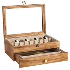 Silverware Box, 2-Layer Wooden Silverware Storage Box with Glass Lid, 14.5×10...