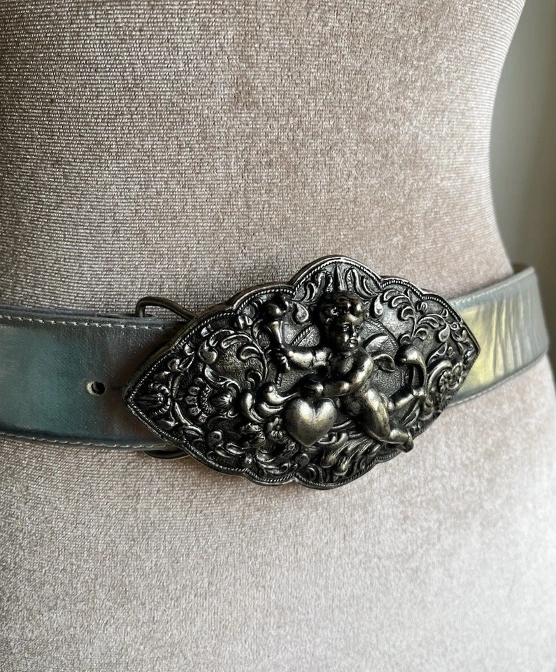 复古 80 年代 90 年代银色全息小天使腰带浪漫巴洛克天使心形哥特 — 第 2/4 张图片