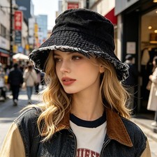 Women's Men's Distressed Frayed Denim Bucket Hat Washed Cotton Sun Beach Cap
