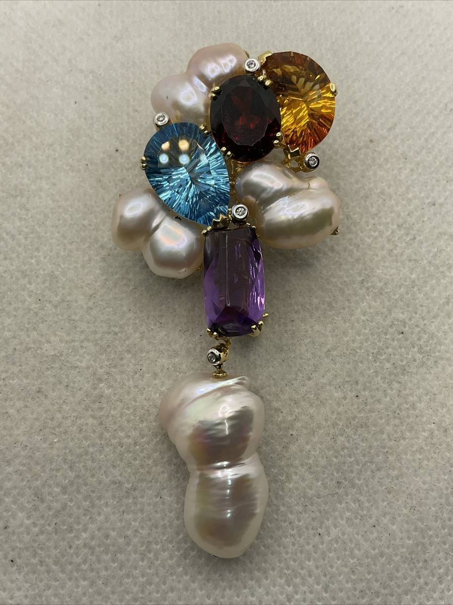 BELLARRI 18K Yellow Gold Pearl, Diamond Gemstones PIN BROOCH