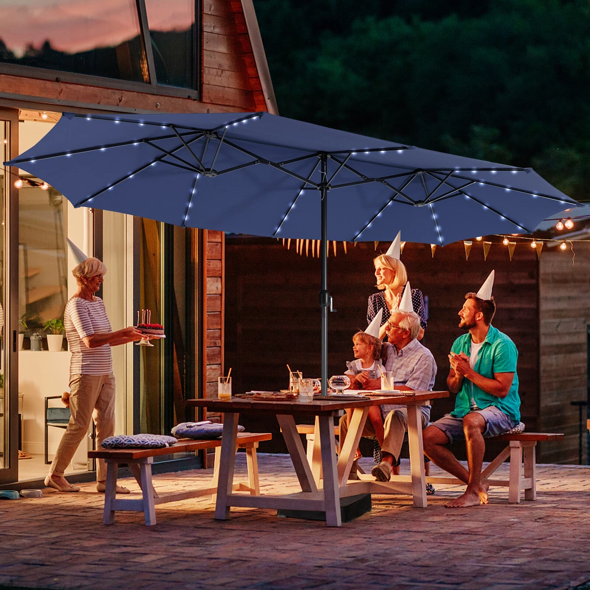 15FT Double-Sided Patio Umbrella 48 Solar LED Lights Crank u0026amp; Base  Outdoor Navy | eBay