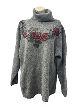 Vintage Best American Sweater Women Medium Gray Floral Wool Blend Oversized