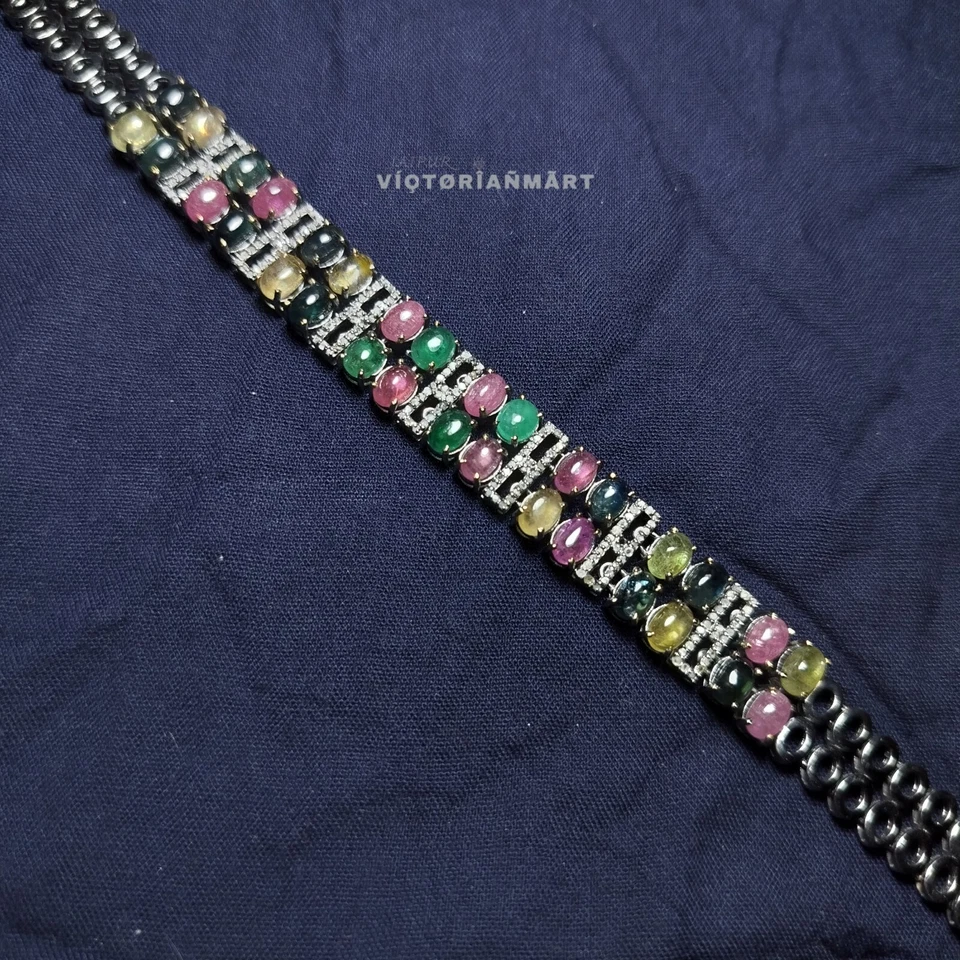 925 Sterling Silver Real Diamond Emerald Sapphire & Ruby Flower Bracelet 7" - Image 2 of 4