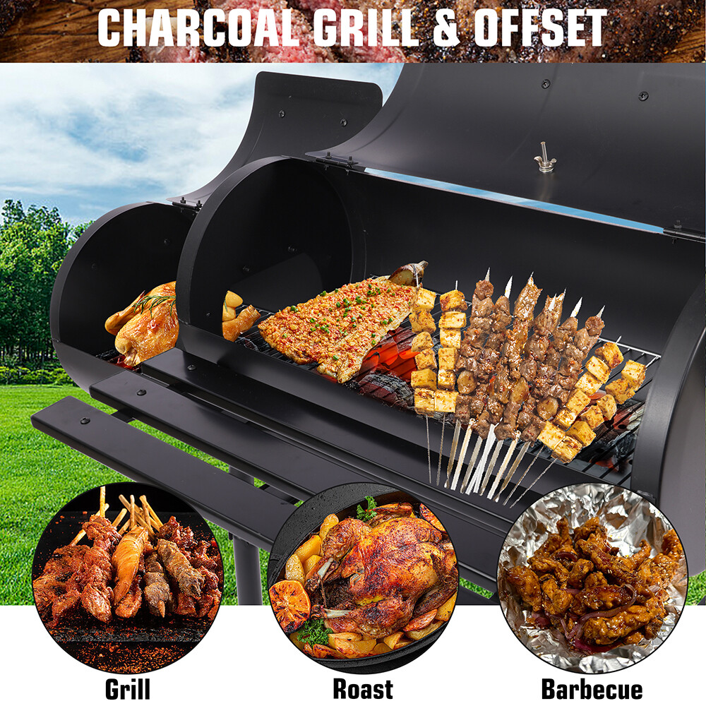 43'' Charcoal Grill with Wheels and Side Fire Box -BBQ Grill
