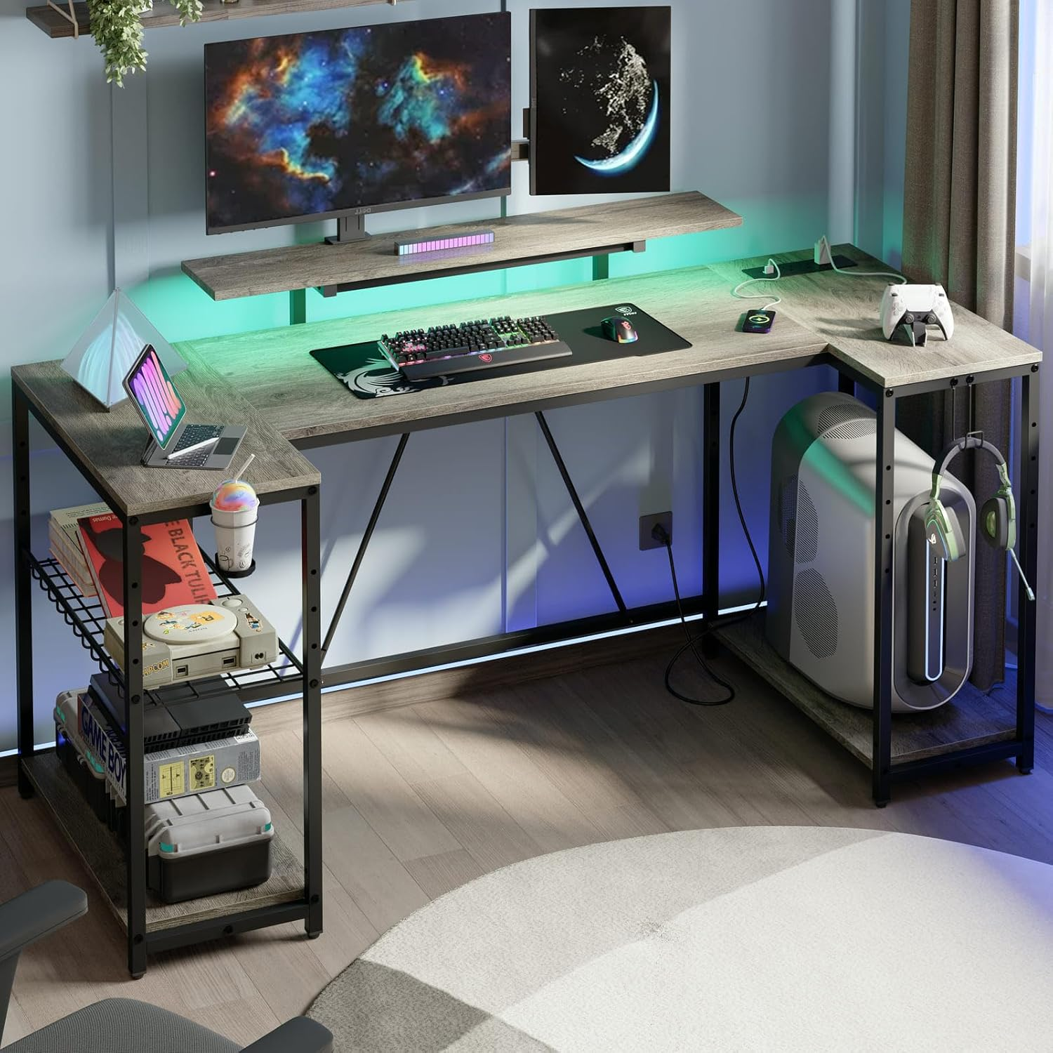 63-Inch Gaming Desk with Power Outlets, Monitor Stand & LED Lights for Enhanced Setup-image