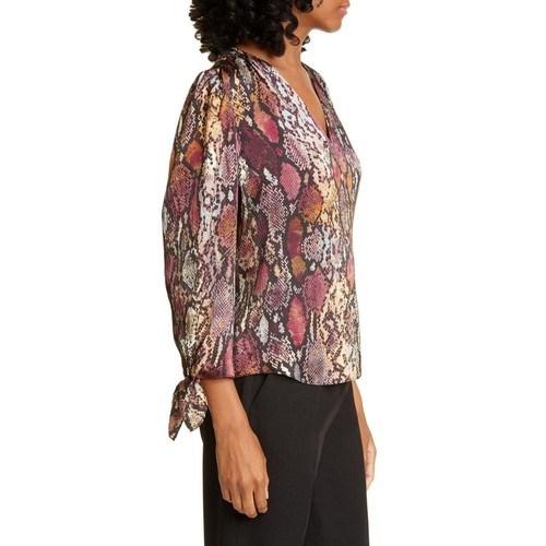 NEW Rebecca Taylor Multi Combo Silk Snakeskin Print Tie Cuff Top Size 2 - Picture 2 of 4