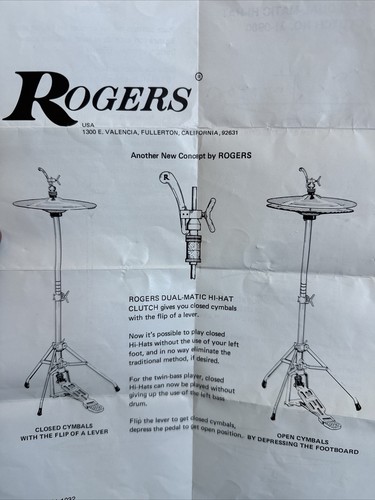 Vintage 70s Big R Fullerton era Rogers Hi Hat Clutch Manual No 61-1032 - Picture 2 of 7