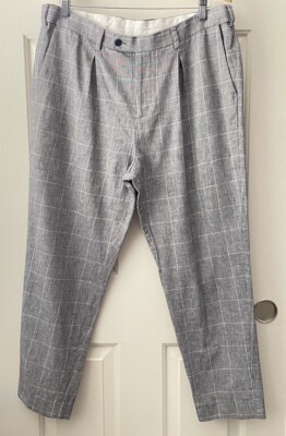 express women's size 36x30 ankle linen cotton slim gray plaid pants