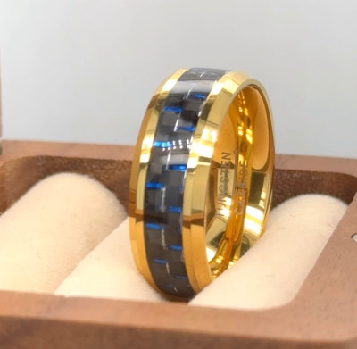 Couple Ring Gift Blue Carbon Fiber Inlay Ring Gold Plated Tungsten Engraved Ring