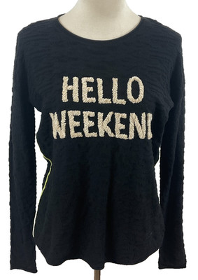 Lisa Todd Thin Textured Sweater Black Hello Weekend Beige Lime Trim Long Sleeve