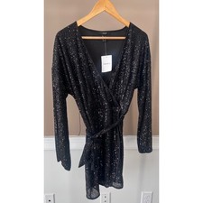 Forever 21 Black Sequin Wrap Mini Dress Long Sleeve V-Neck NWT Size L
