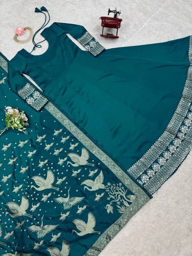 Beautiful Satin Silk Teal Green Gown With Dupatta For Indian Wedding Wear - Picture 5 of 11