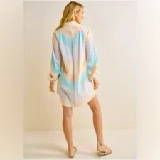 Venus Pastel Peach Purple Multi Linen Mix Casual Short Boho Shirt Dress Medium M