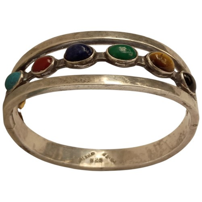 #ad Alfredo Villasania 1970s Taxco Mexico Multi Gemstone Sterling Silver Bracelet $345.00