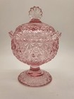 Vintage LG Wright Pink Daisy and Button Pedestal Compote Covered Candy Dish