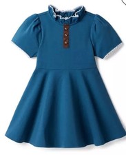 Janie and Jack Button Ruffle Collar Ponte Dress 6 Teal Dressy Stretch Party