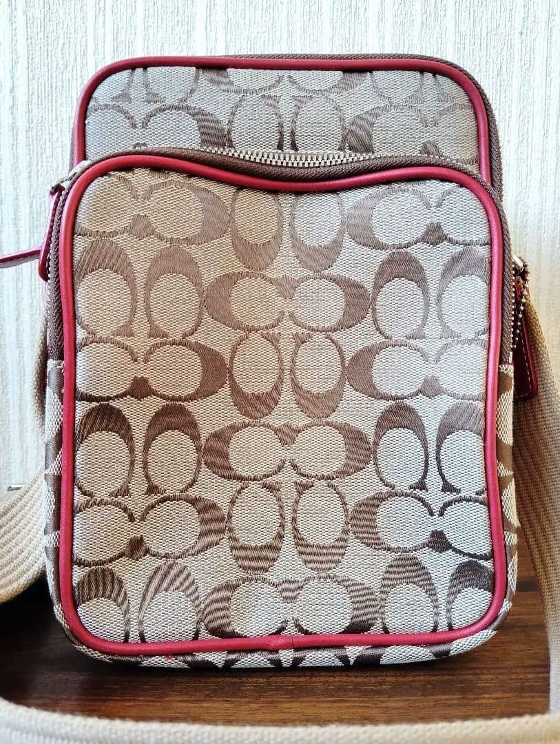 COACH Signature Canvas Red Crossbody Bag Leather Trim Women's Authentic image 2