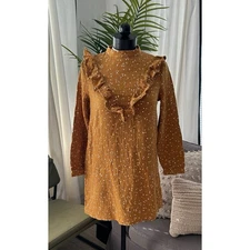Rylee + Cru Marygold Ruffle V Dress Sz Small Mustard Gauze Printed Cotton A-Line