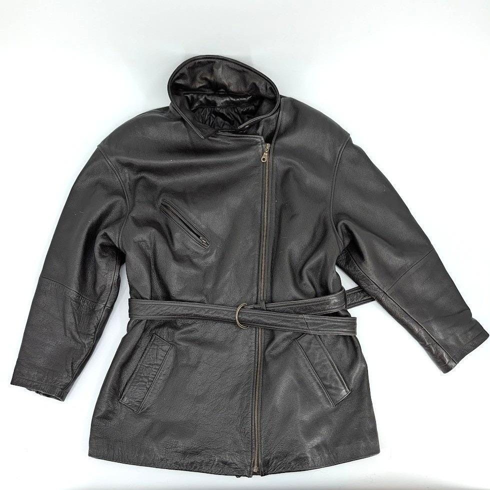 Tannery West Brown Leather Belted Moto Jacket Asymmetrical Zip Quilted L View 3