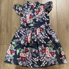 Janie and Jack Girls Floral A-Line Dress Puff Sleeve Ruffle Neck Lined Navy Sz 7