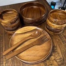 Antique Teak wooden serving set plates bowls and serving Utensils