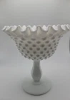 Vintage Fenton Hobnail Milk Glass Compote Dish Ruffled Edge Pedestal Bowl