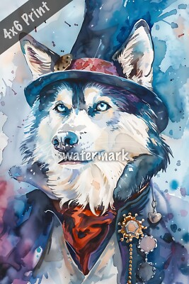 #ad Dog Siberian Husky in magicians outfit watercolor Art 4x6 Print $8.40