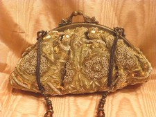 Embellished Antiqued Gold Fabric P.M. Bag With Decorative Metal Strap, New 