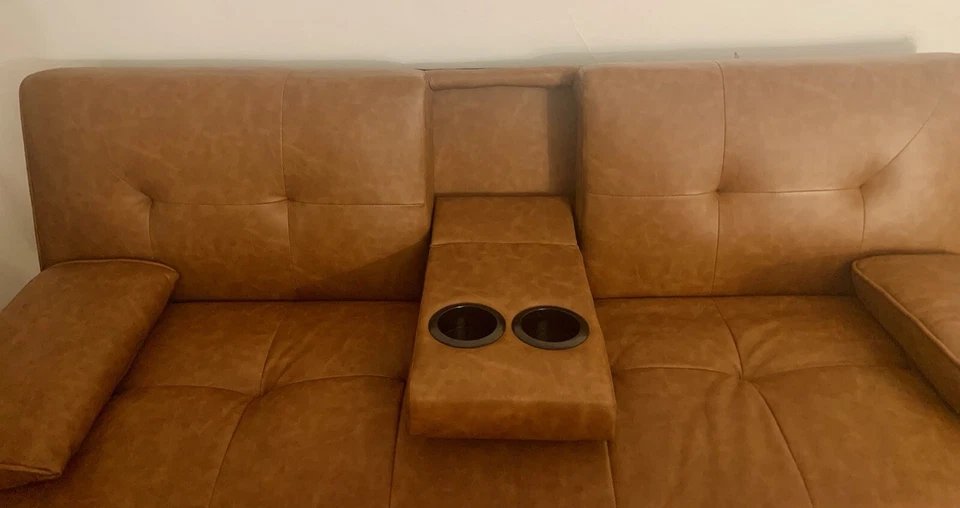 Brown Faux Leather Upholstered Modern Convertible Futon w/ Cupholders & Pillows - Image 4 of 4