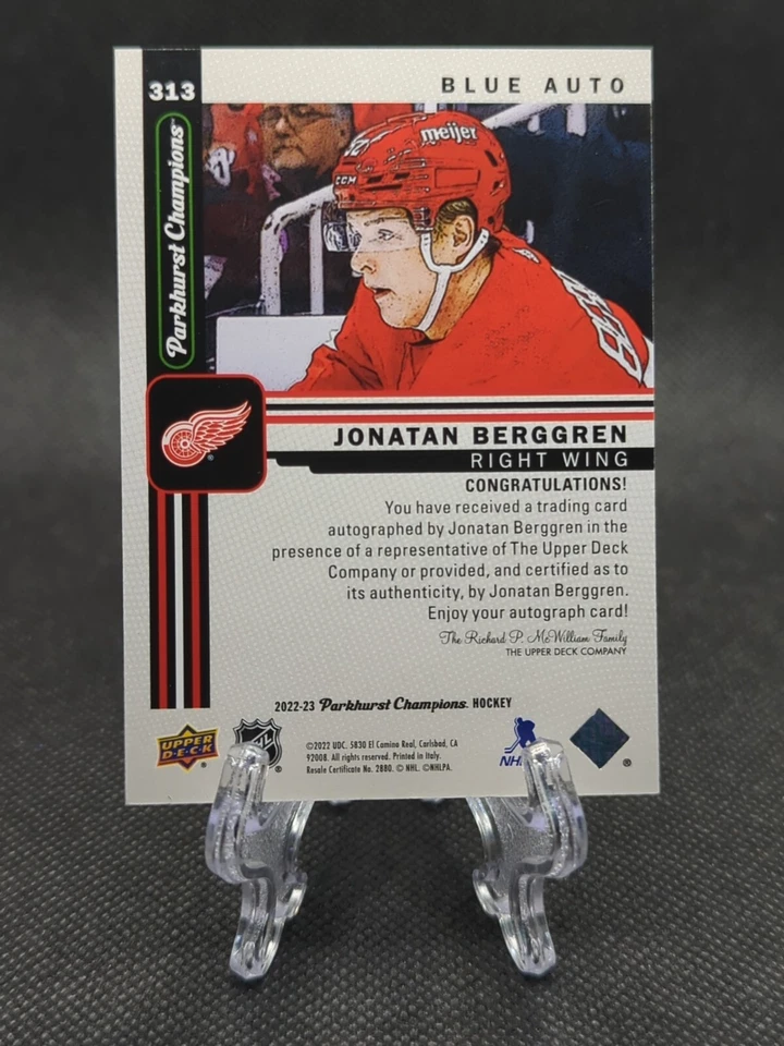2022-23 Parkhurst Champions Jonatan Berggren Blue Auto SP /25 #313 - Image 2 of 2