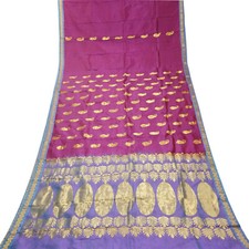 Vintage Purple 100 Pure Silk Sarees Paisley Zari Butta Woven Sari Craft Fabric