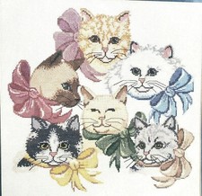 Candamar Counted Cross Stitch Kit Cats  Bows 50340 14" x 14" Vintage 1987