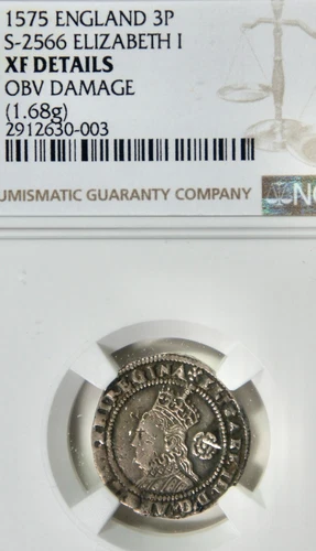 1575 England 3 Pence – S-2566 Elizabeth I – NGC XF Details