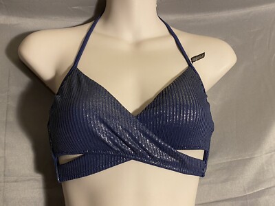 Victoria Secret PINK Metallic Navy Blue white Tie Neck Bikini Top Sz S/P  Lot