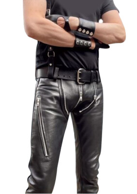 Men's Real Leather Bikers Pants Slim Fit Pants Exposed Zip Fly & Zips At Front