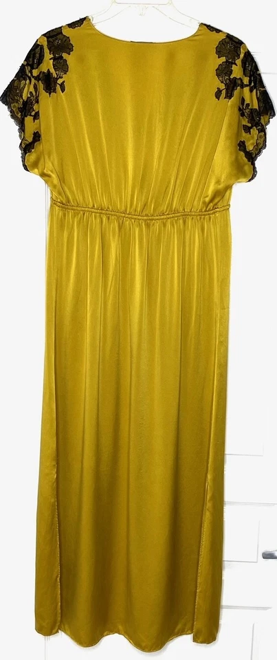 Vestido JOSIE NATORI Amarillo Negro Encaje Lolita Caftán Cordón Seda Charmeuse XS Foto 3 de 4