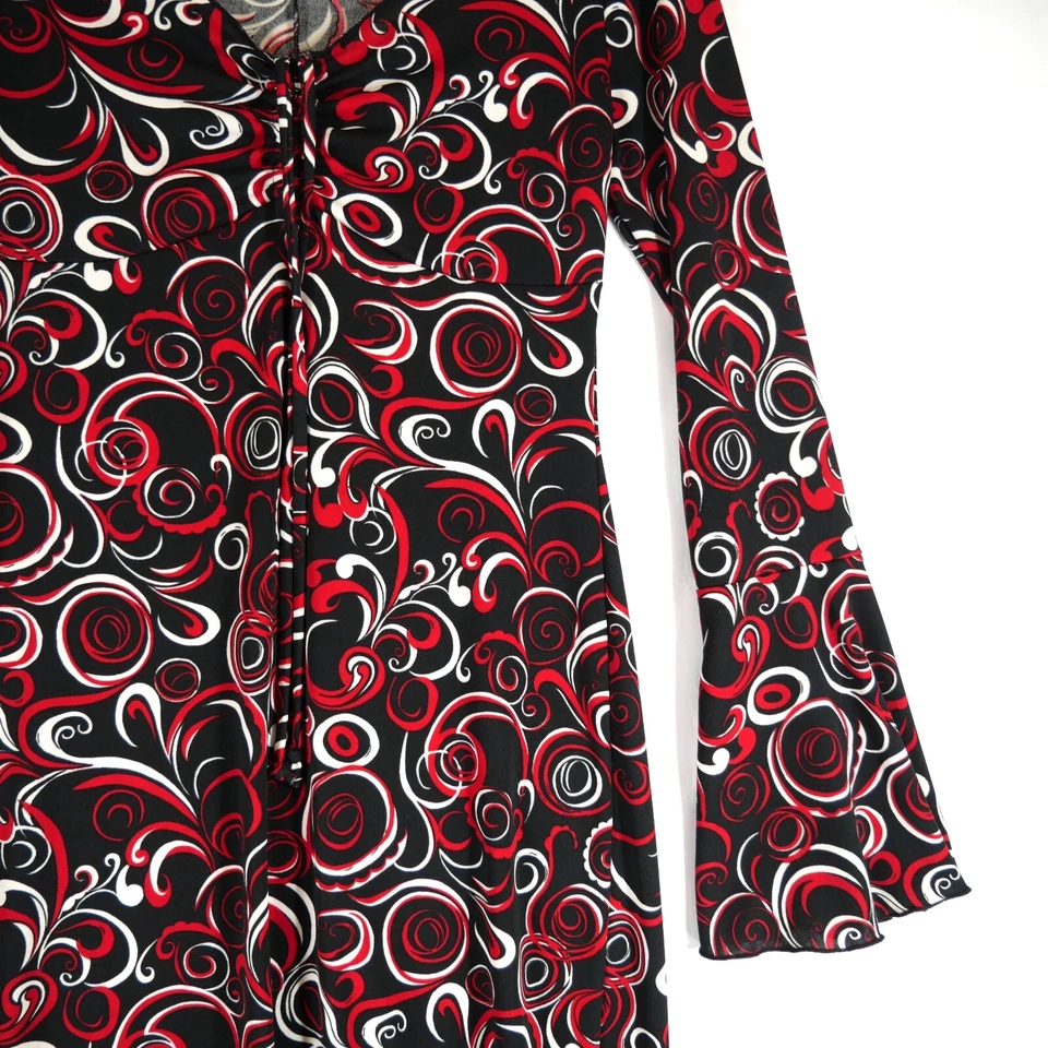Vintage Trixxi Women's Flare Sleeve Y2K Swirl Pattern Red Midi Dress Size M  - Image 4 of 4