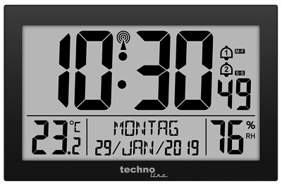 techno line WS 8016 Funkwanduhr DCF Wanduhr Temperatur Luftfeuchte 2 Alarme XXL