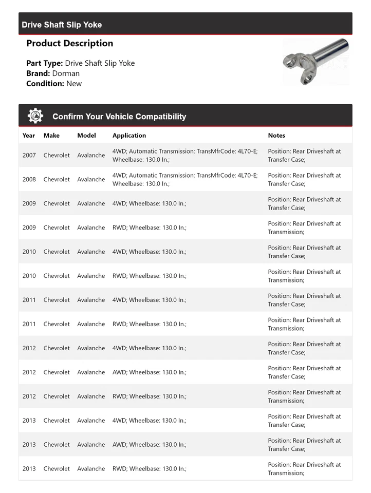 Yugo deslizante de eje de transmisión para Chevrolet Avalanche Dorman 2007-2013 2008 2009 2010 Foto 2 de 4