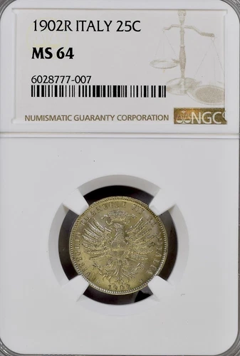 1902 Italy Vittorio Emanuele III Kingdom of Italy 25 Centesimi NGC MS64 Sabaud