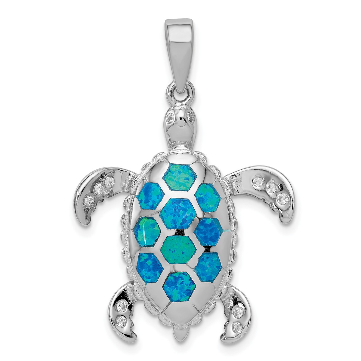 Sterling Silver Created Blue Opal Inlay & CZ Sea Turtle Tortoise Pendant Sterling Silver Created Blue Opal Inlay & CZ Sea Turtle Tortoise Pendant