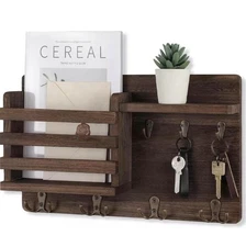 Rustic Wall Mount Mail Organizer And Key Holder - Wood Mail Holder With Key Hook